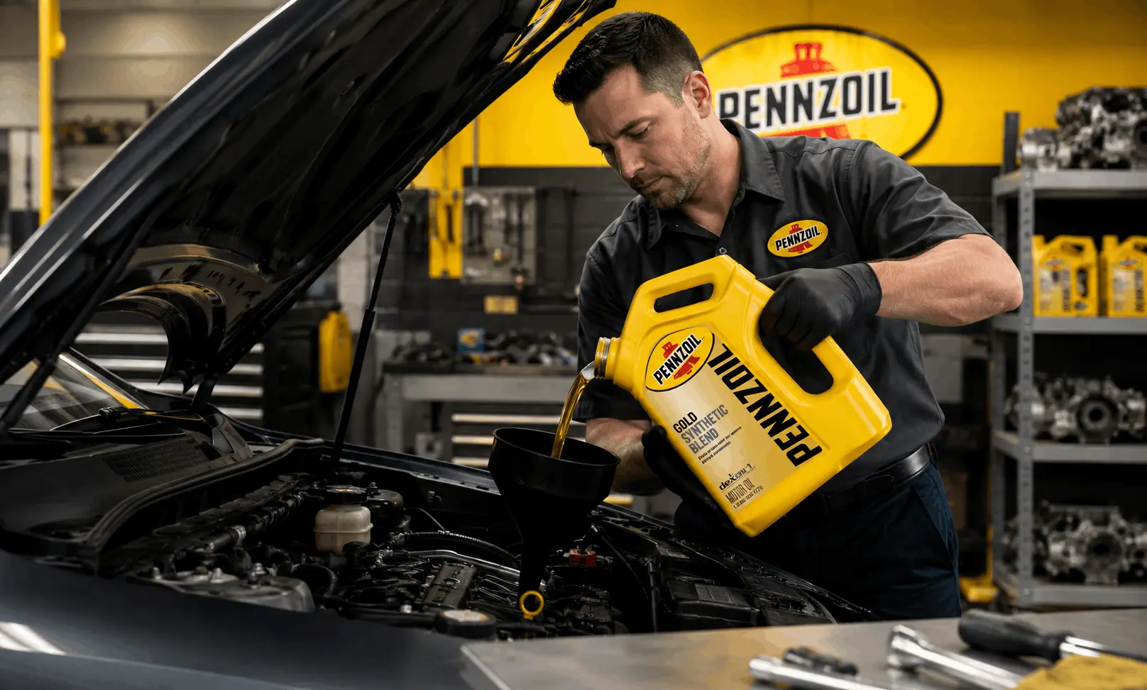Mecânico realizando troca de óleo do motor em oficina MegaShow