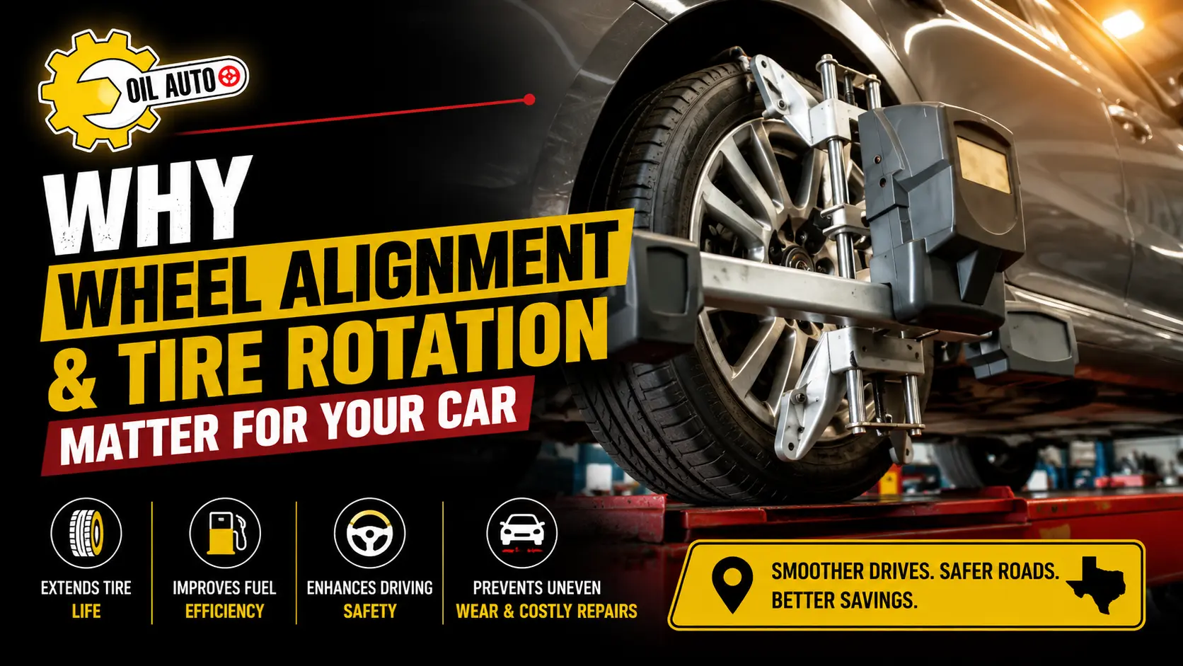 Wheel alignment and tire rotation service on a vehicle.